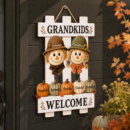 Grandkids Welcome Personalized Wooden Sign, Cute Autumn Door Decor, Creative Family Gift for Grandparents