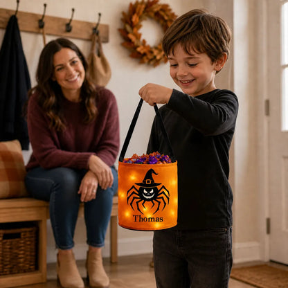 LED Light Up Fabric Basket, Personalized Spider and Pumpkin Keepsake for Trick or Treating, Creative Kids Gift