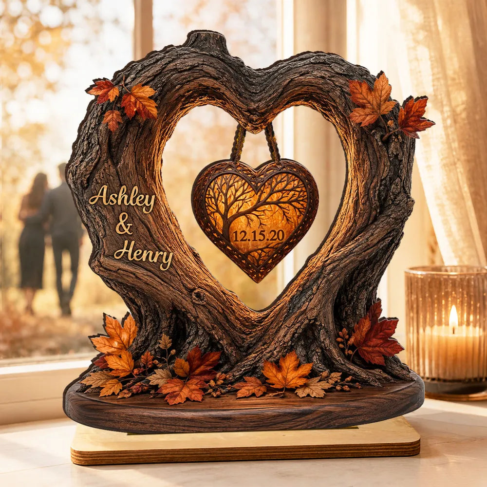 Personalized 2-Layer Wooden Plaque, Fall Heart Tree with Couple Silhouette, Unique Anniversary Gift