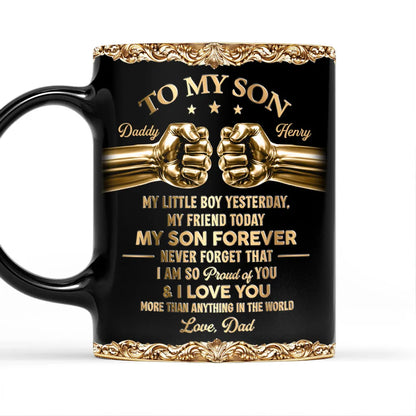 Personalized Full Color Mug, Black & Gold Fist Bump Design for Son, Unique Gift from Dad