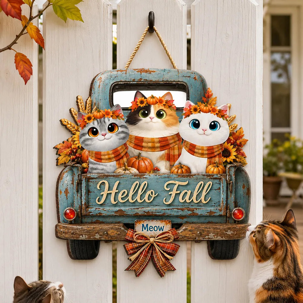 Personalized Wooden Sign with Cats in a Teal Vintage Truck, Rustic Fall Decor, Unique Gift for Cat Lovers