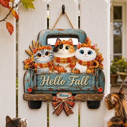 Personalized Wooden Sign with Cats in a Teal Vintage Truck, Rustic Fall Decor, Unique Gift for Cat Lovers