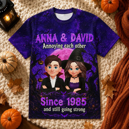 Personalized Printed Classic Tee, Halloween Couple with Arms Crossed Under a Full Moon, Unique Gift