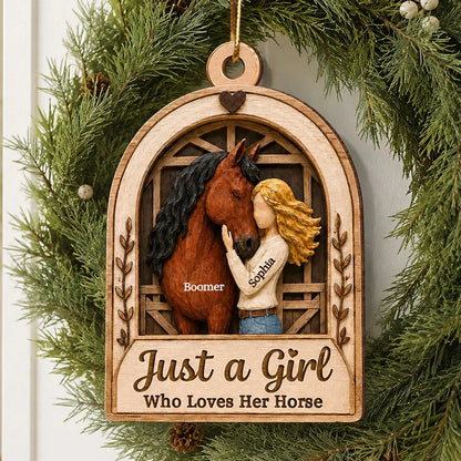 Personalized Wooden Ornament, Girl Hugging Horse in Rustic Barn, Unique Christmas Gift for Horse Lover
