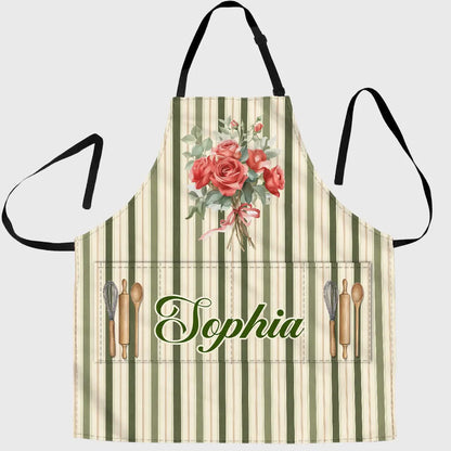 Personalized 4-Pocket Apron with Vintage Floral Stripes, Creative Gift for Home Cooks