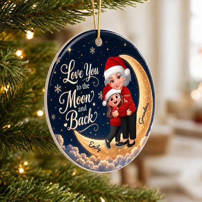 Personalized Ceramic Ornament, Hugging Grandma and Granddaughter on a Navy and Gold Moon, Unique Christmas Gift