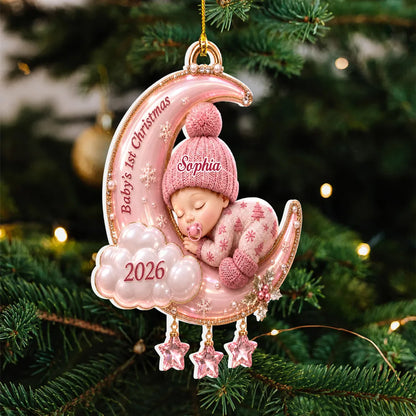Personalized Acrylic Ornament, Sleeping Baby on Pink Moon, Christmas Tree Keepsake, Unique Gift for New Parents
