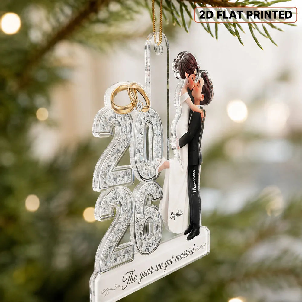 Personalized Acrylic Ornament with Kissing Newlyweds, Unique Wedding Keepsake Gift for Couples
