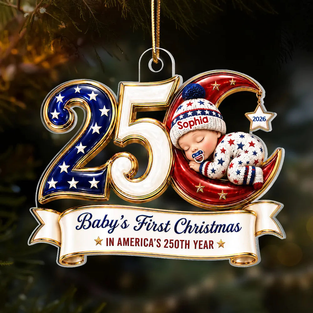 Personalized Acrylic Ornament, Sleeping Baby's First Christmas in Patriotic Colors, Unique Gift for New Parents