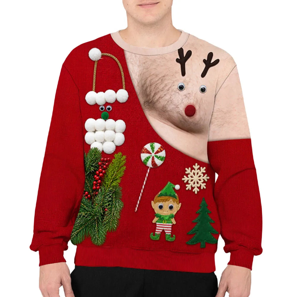 Personalized Printed Sweatshirt, Funny Reindeer Illusion for Smiling Couples at Christmas Parties, Unique Creative Gift