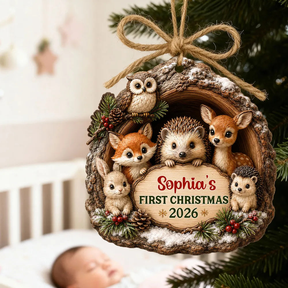 Personalized Wooden Ornament, Woodland Animals in a Snowy Pine Scene, Unique First Christmas Gift for Baby
