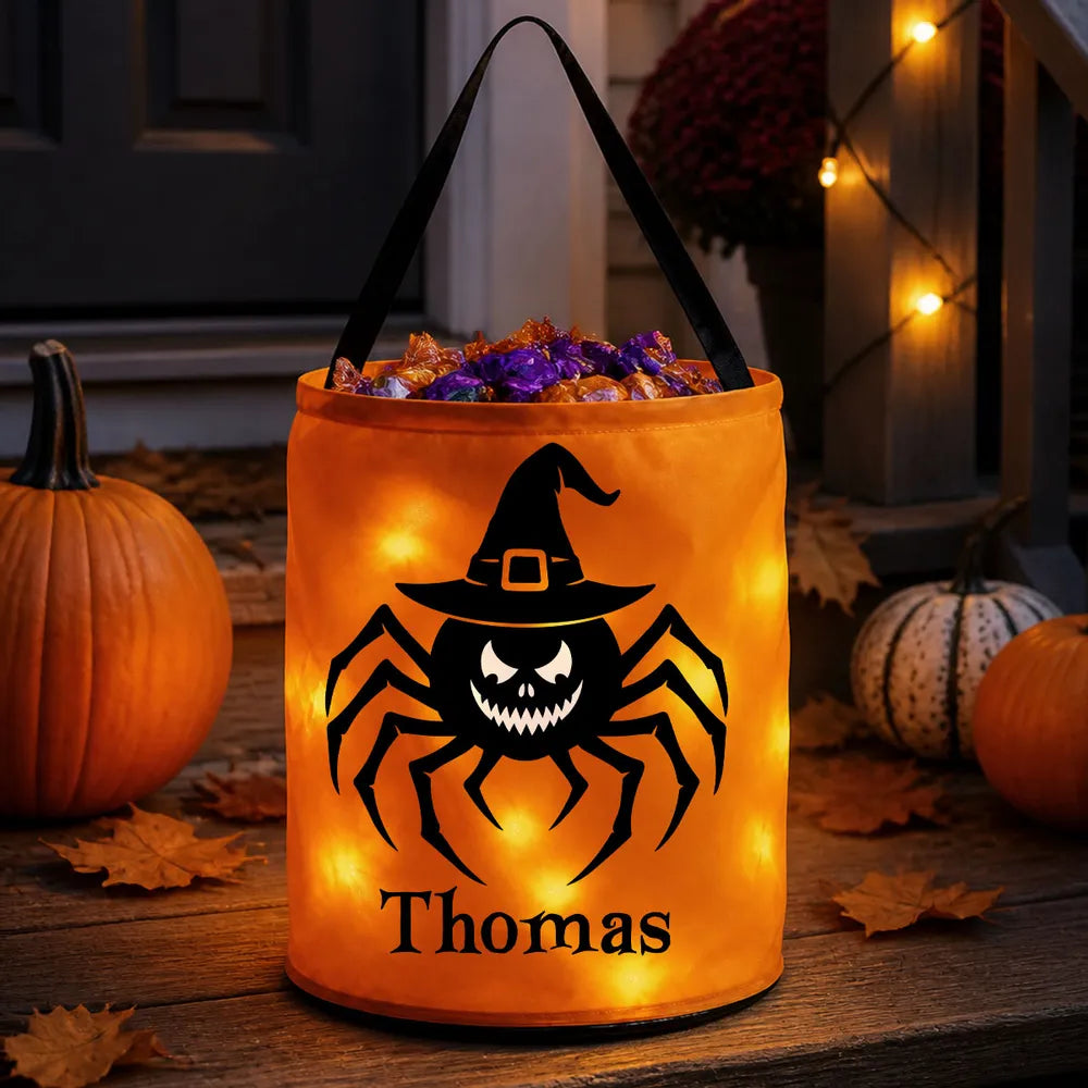 LED Light Up Fabric Basket, Personalized Spider and Pumpkin Keepsake for Trick or Treating, Creative Kids Gift