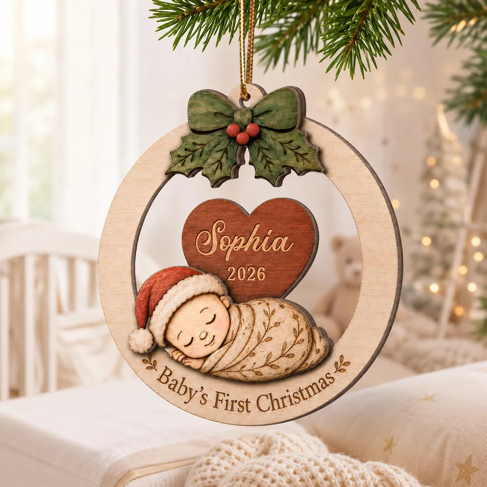 Personalized 2-Layer Wooden Ornament, Sleeping Baby's First Christmas Keepsake, Unique Gift for New Parents