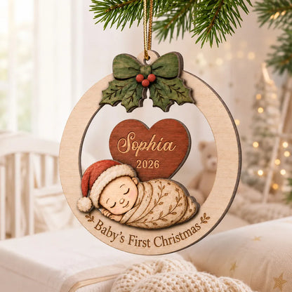 Personalized 2-Layer Wooden Ornament, Sleeping Baby's First Christmas Keepsake, Unique Gift for New Parents