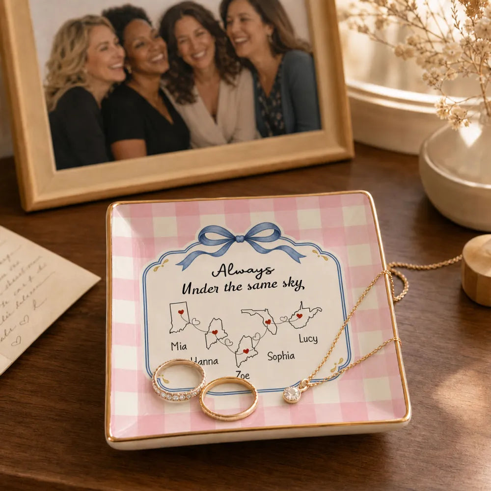 Personalized Always Under the Same Sky Jewelry Dish, Pastel Bow and Linked Hearts, Creative Gift for a Sister