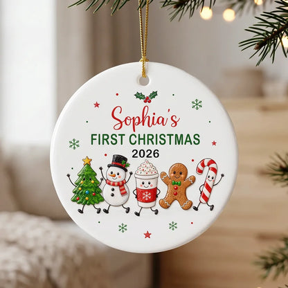 Personalized Ceramic Ornament with Waving Christmas Characters, Unique First Christmas Gift for Baby and New Parents