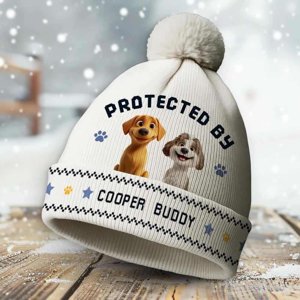 Protected By Personalized Bobble Beanie Hat, Cute Dog and Paw Print Design, Creative Gift for Pet Owners