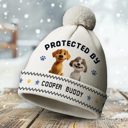 Protected By Personalized Bobble Beanie Hat, Cute Dog and Paw Print Design, Creative Gift for Pet Owners