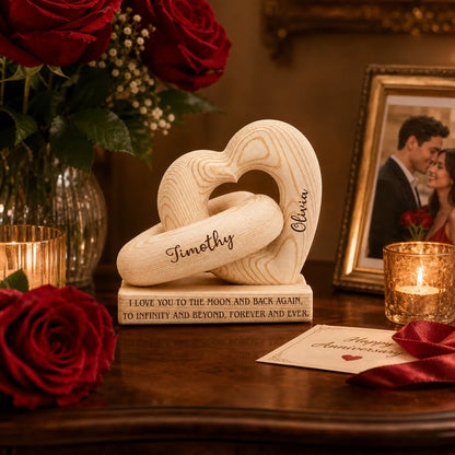 Personalized Heart Sculpture With Base, Intertwined Hearts in Warm Neutral Style, Unique Gift for Couples