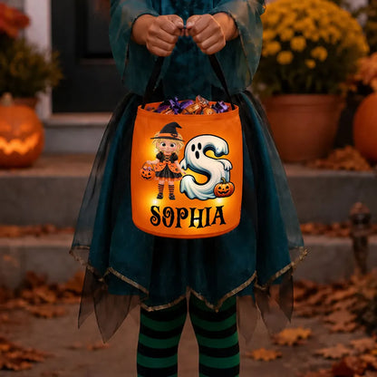 Personalized LED Light Up Fabric Basket, Witch Girl Holding Pumpkin Basket, Unique Halloween Gift for Kids