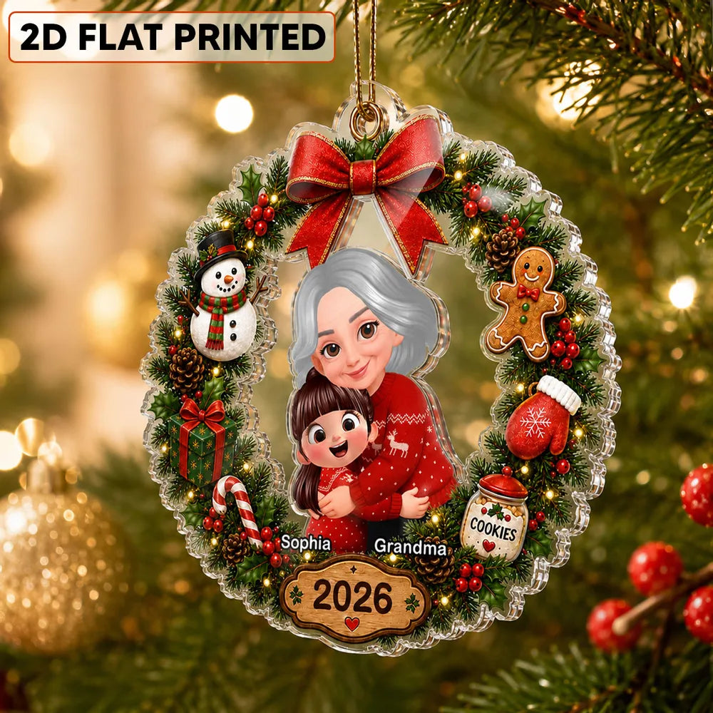 Personalized Acrylic Ornament, Red and Evergreen Grandma Hug Wreath, Unique Christmas Gift for Grandma
