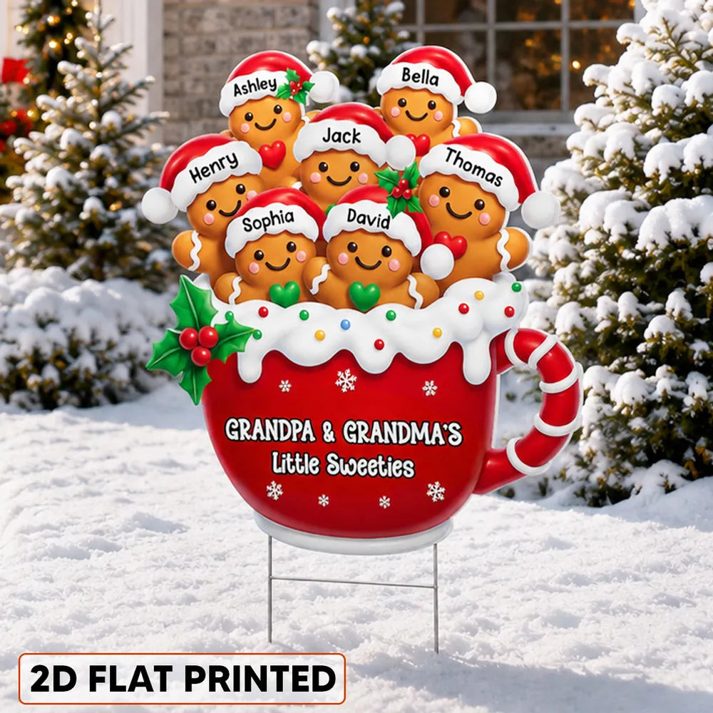 Grandpa & Grandma's Little Sweeties Shaped Yard Sign, Personalized Gingerbread Family, Creative Gift for Grandparents