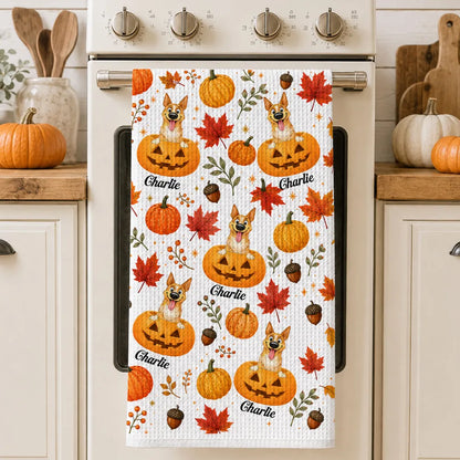 Personalized Kitchen Towel, Playful Dog Peeking from Pumpkins, Unique Fall Gift for Pet Owners