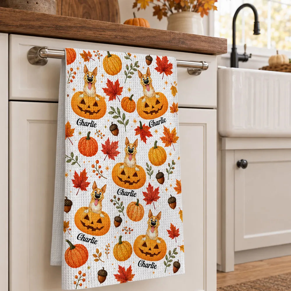 Personalized Kitchen Towel, Playful Dog Peeking from Pumpkins, Unique Fall Gift for Pet Owners