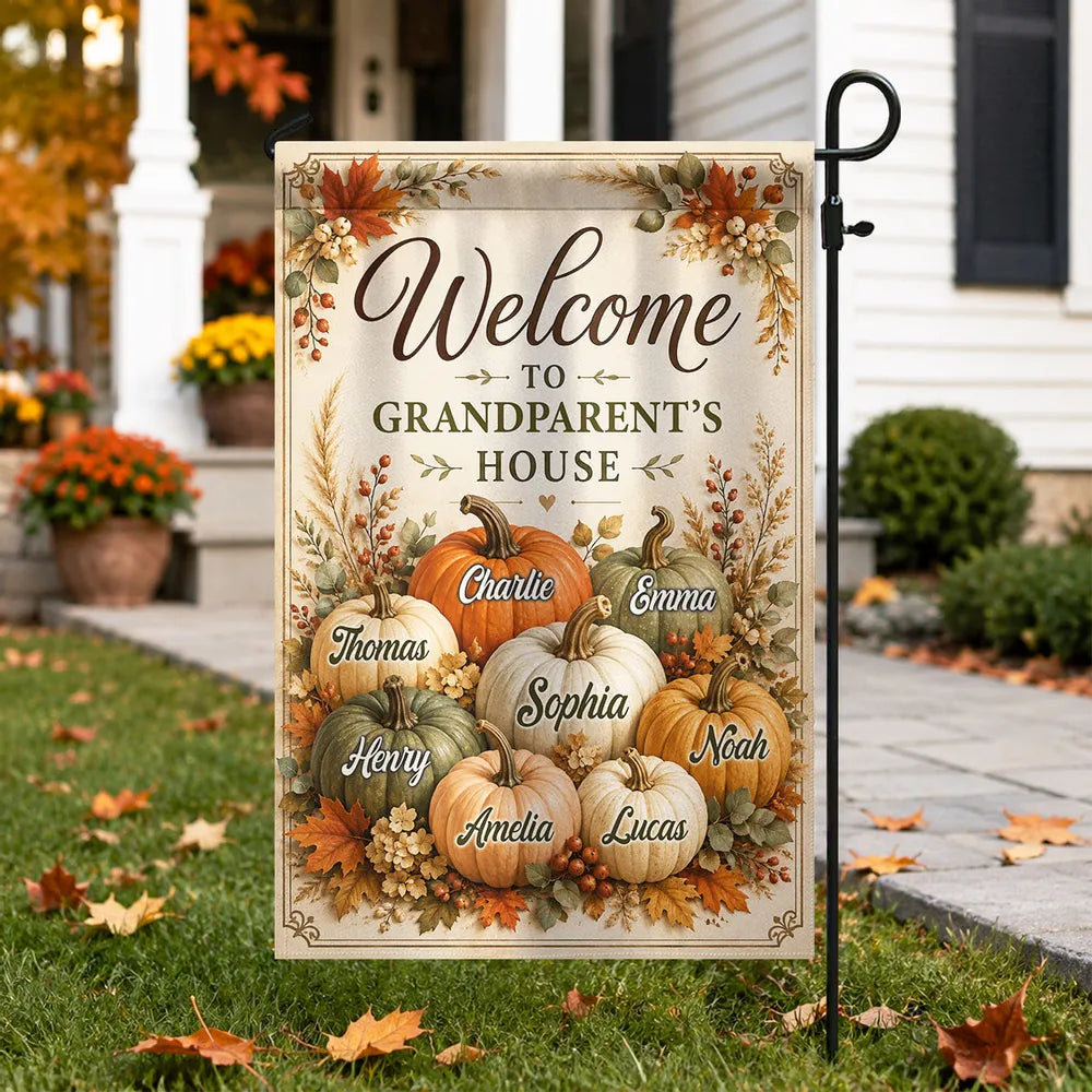 Personalized Garden Flag, Fall Pumpkin Yard Decor with Welcome to Grandparents' House, Unique Gift for Grandma & Grandpa