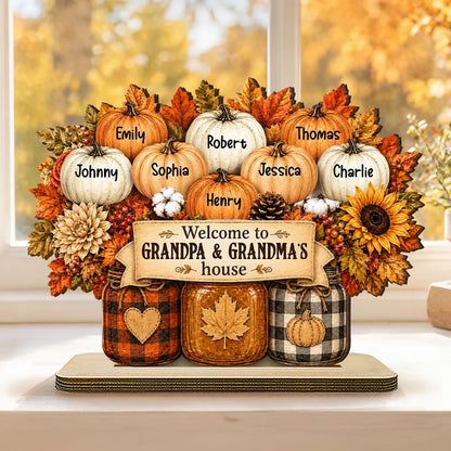 Personalized 2-Layer Wooden Plaque, Autumn Pumpkins & Mason Jars, Unique Gift for Grandparents
