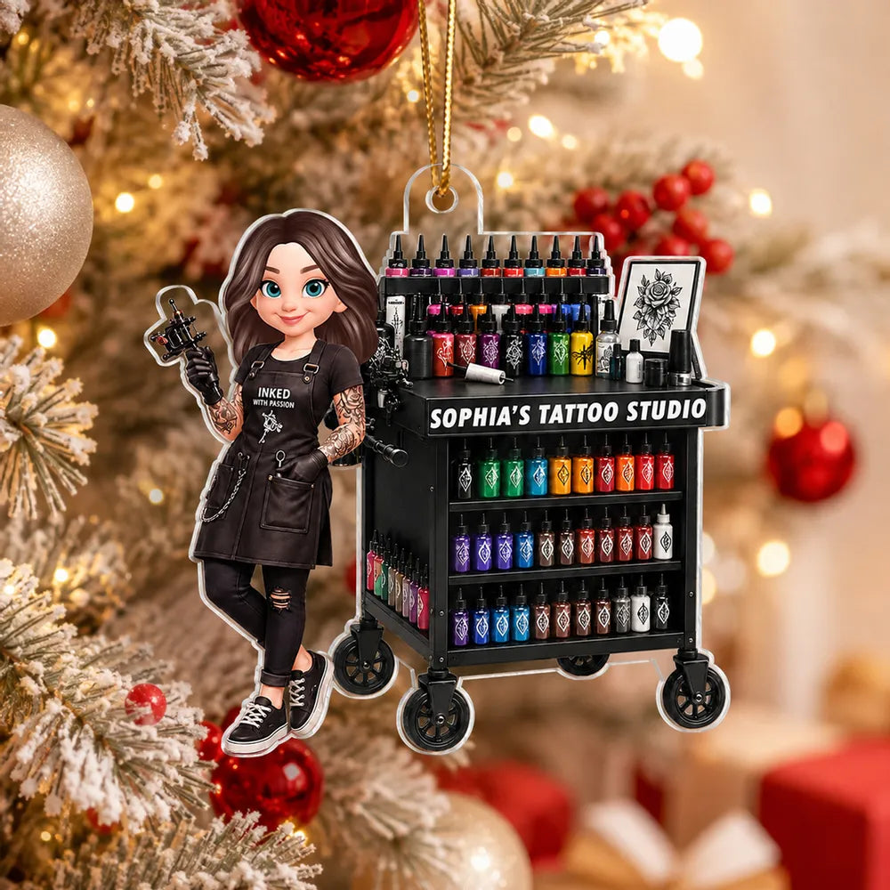Personalized Acrylic Ornament, Tattoo Artist Holding Machine by Ink Cart on Christmas Tree, Unique Gift for Her