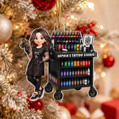 Personalized Acrylic Ornament, Tattoo Artist Holding Machine by Ink Cart on Christmas Tree, Unique Gift for Her
