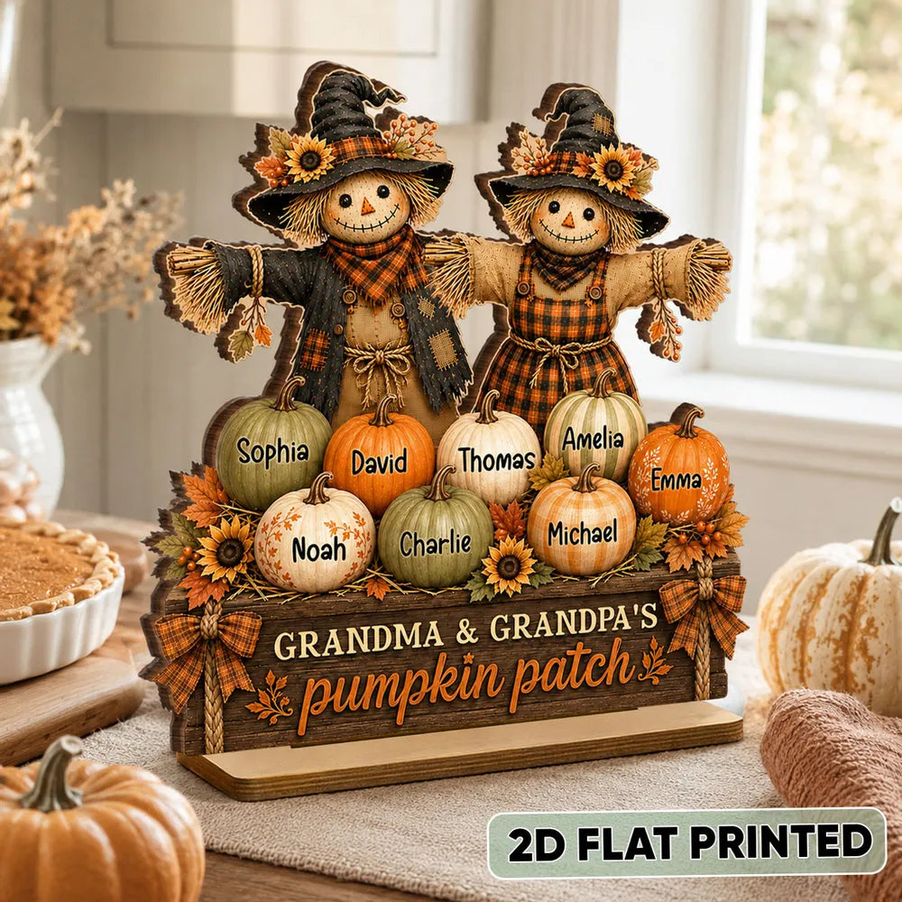 Personalized 2-Layer Wooden Plaque, Grandparent Scarecrows Together in a Pumpkin Patch, Unique Family Gift