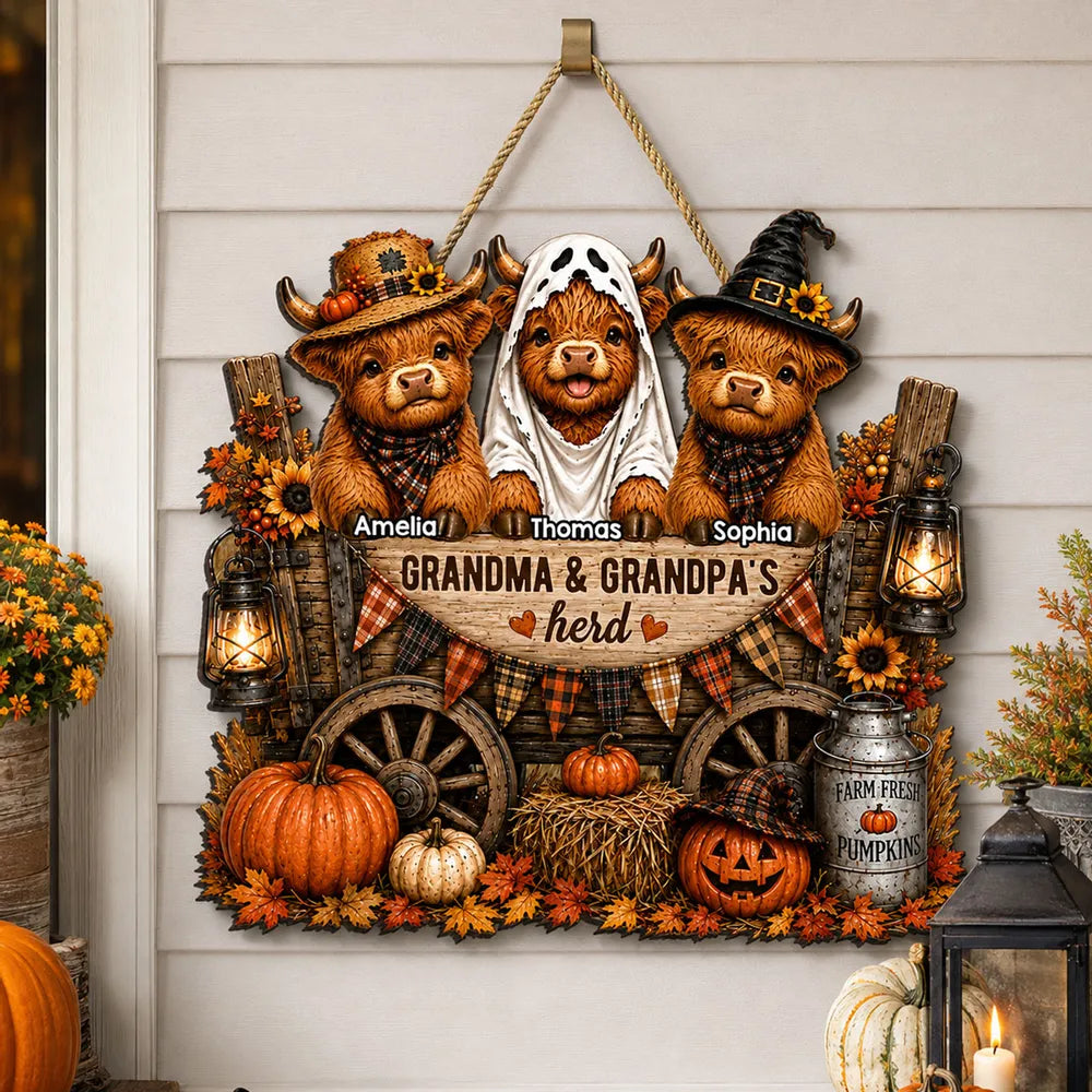 Personalized Wooden Sign with Costumed Highland Cows and Pumpkin Wagon, Unique Fall Gift for Grandparents
