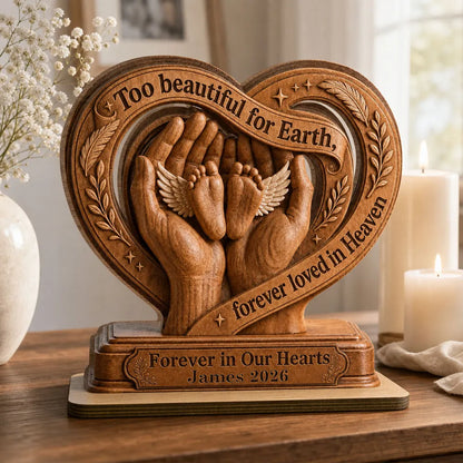 Personalized 2-Layer Wooden Plaque, Warm Brown Winged Baby Feet in Loving Hands, Unique Memorial Gift for Parents