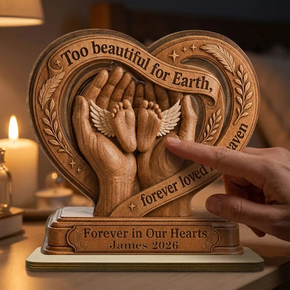 Personalized 2-Layer Wooden Plaque, Warm Brown Winged Baby Feet in Loving Hands, Unique Memorial Gift for Parents