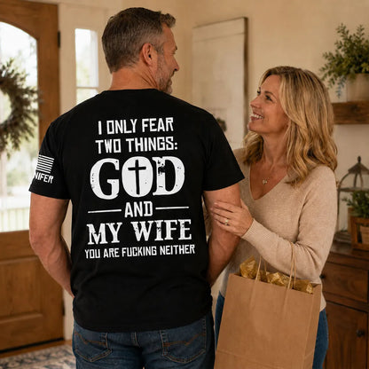 Personalized Dual Print Classic Tee, Bold God and Wife Quote with Sleeve Detail, Unique Gift for Husband