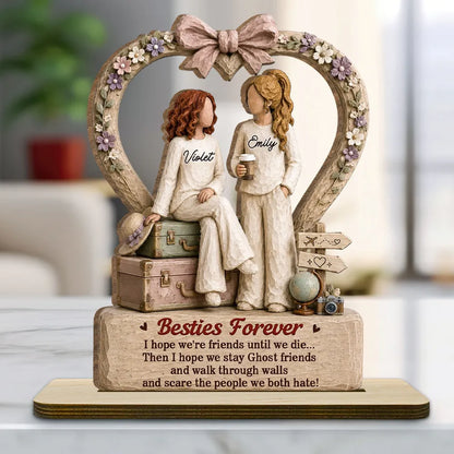 Besties Forever 2-Layer Wooden Plaque, Personalized Floral Heart with Friends Sitting Together, Creative Gift for Best Friend