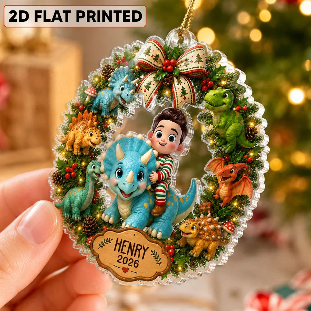 Personalized Acrylic Ornament, Smiling Child Riding a Dinosaur in a Christmas Wreath, Unique Gift for Kids