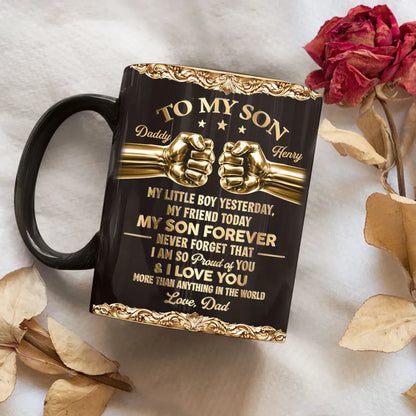 Personalized Full Color Mug, Black & Gold Fist Bump Design for Son, Unique Gift from Dad