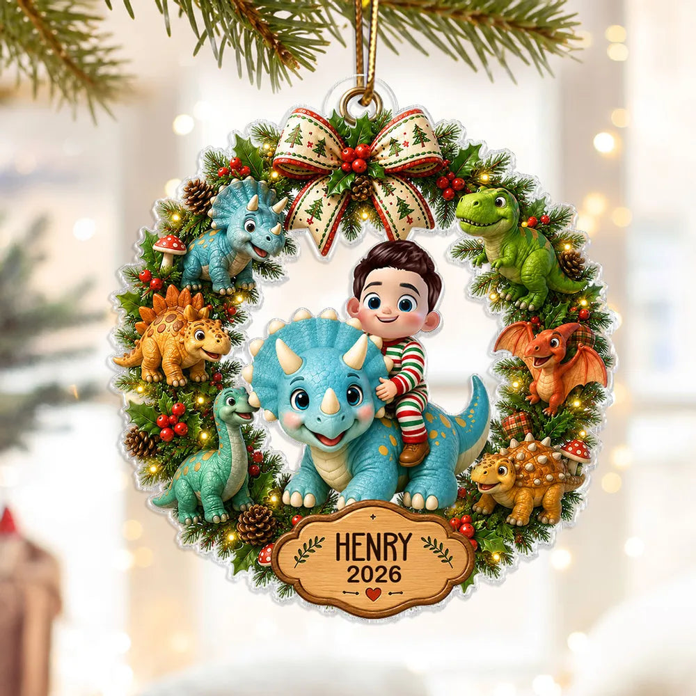 Personalized Acrylic Ornament, Smiling Child Riding a Dinosaur in a Christmas Wreath, Unique Gift for Kids