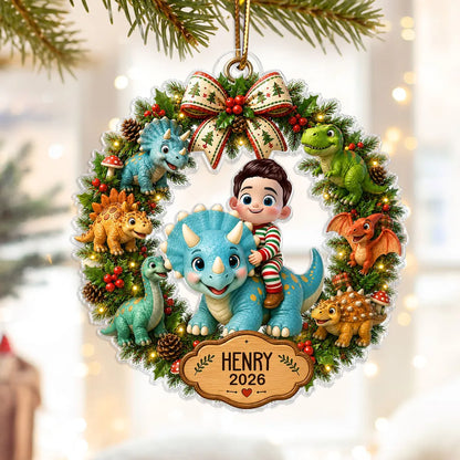 Personalized Acrylic Ornament, Smiling Child Riding a Dinosaur in a Christmas Wreath, Unique Gift for Kids