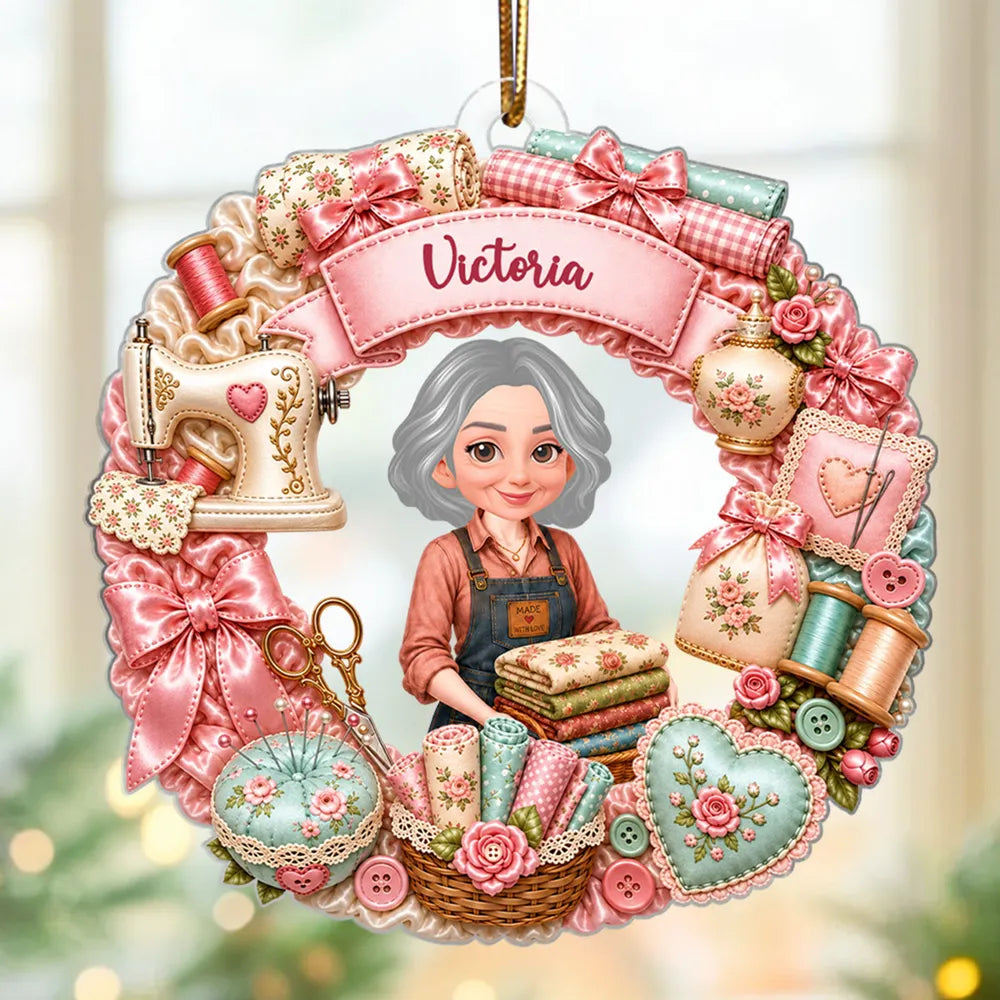 Personalized Acrylic Ornament, Crafting Woman Holding Fabric, Unique Sewing Gift for Mom, Wife or Sister