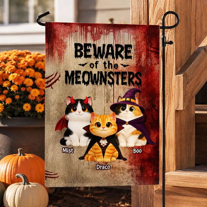 Personalized Garden Flag, Beware of the Meownsters Costume Cats, Red Vintage Halloween Decor, Unique Gift for Cat Lovers
