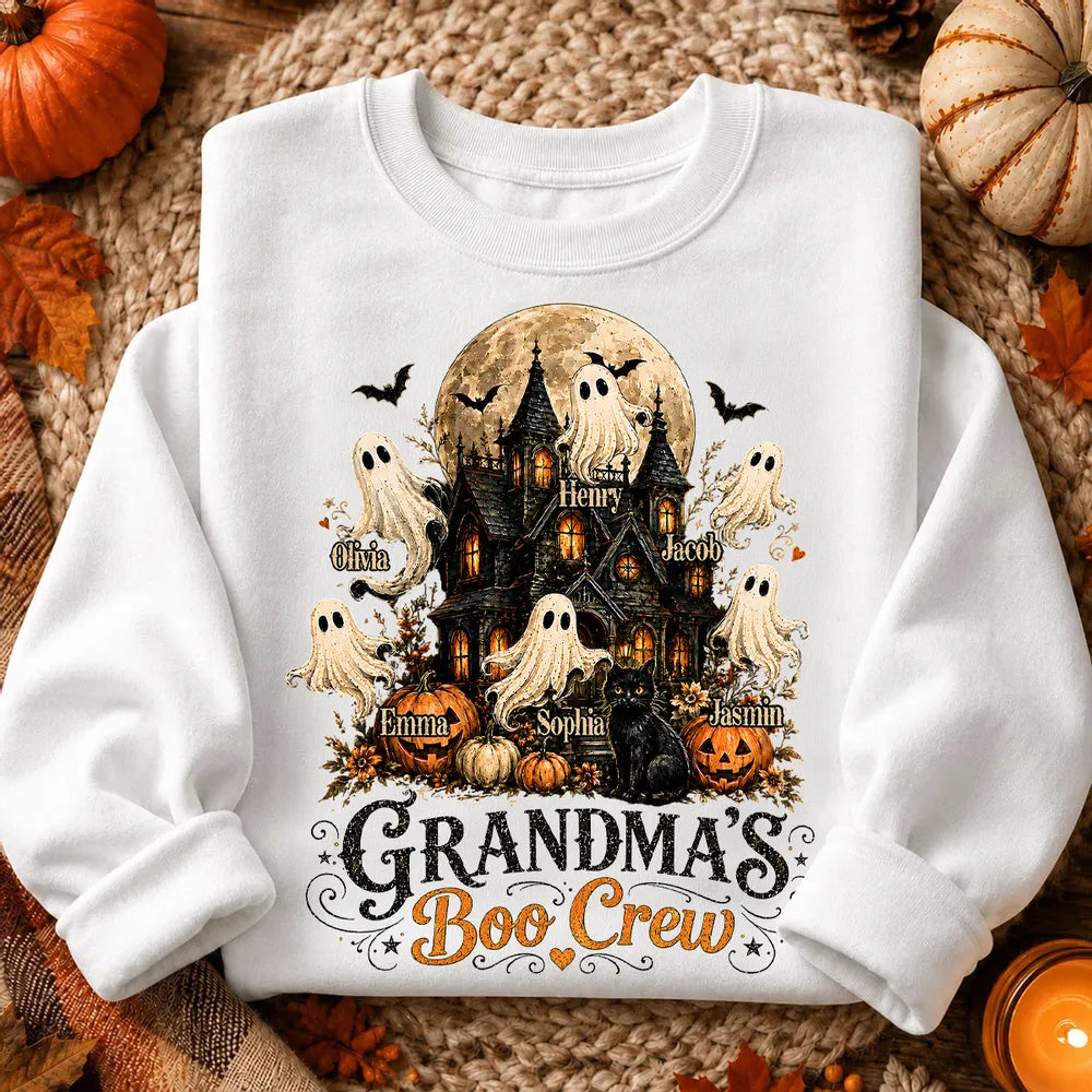Personalized Classic Tee, Floating Ghosts at a Moonlit Haunted House, Unique Halloween Gift for Grandma
