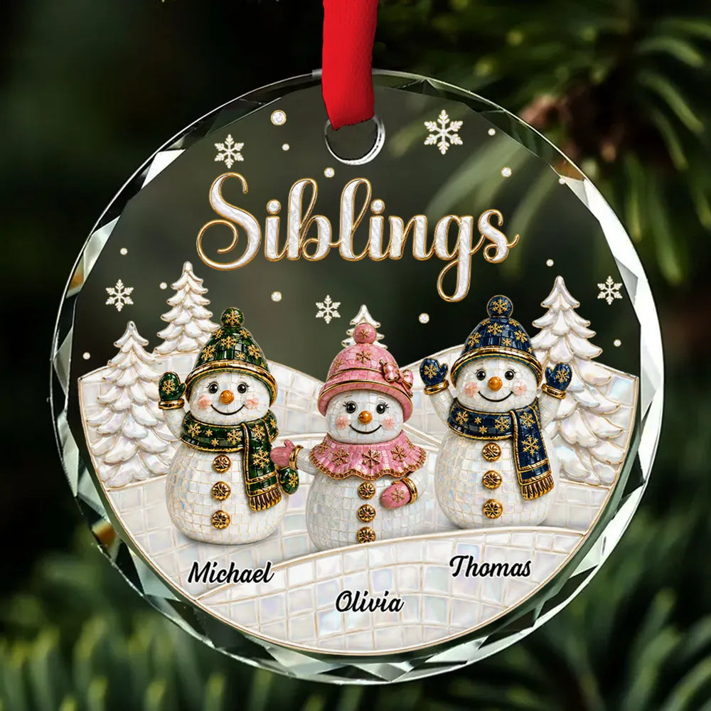 Personalized Crystal Ornament, Snowman Siblings in a Snowy Forest, Unique Christmas Gift for Family