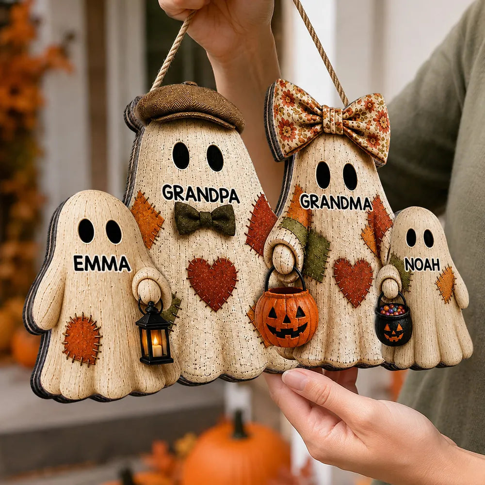 Personalized Halloween Wooden Sign, Ghost Family Holding Treat Pails, Unique Gift for Grandma and Grandpa