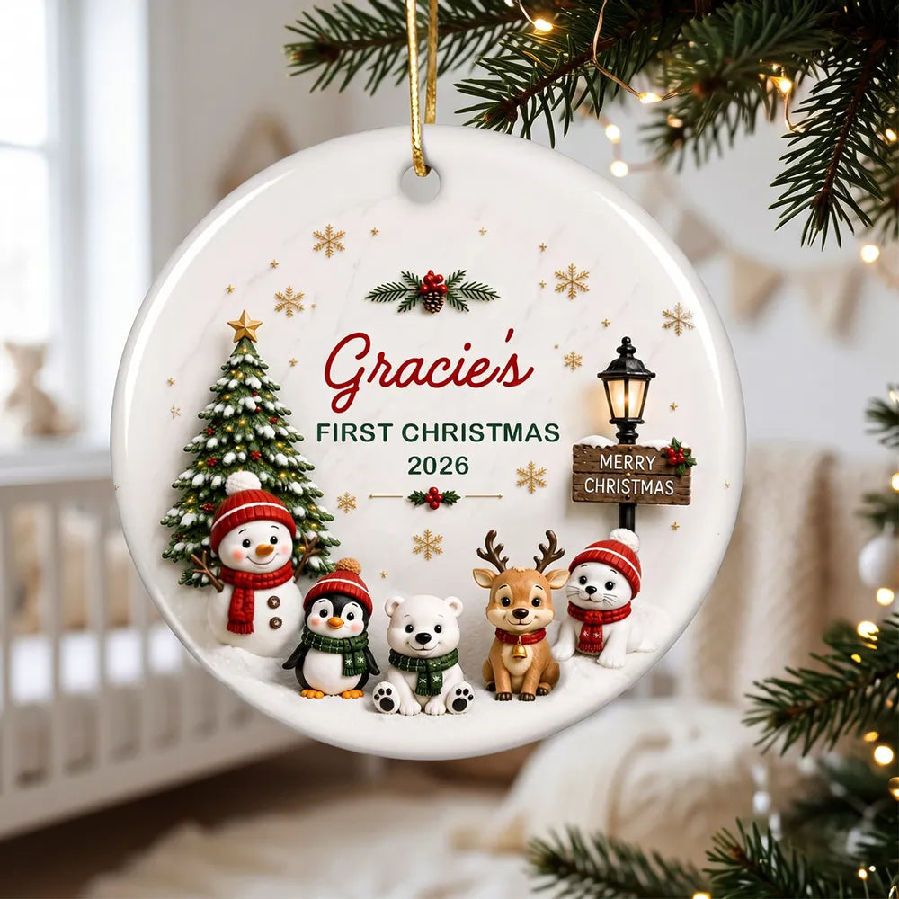 Personalized Ceramic Ornament, Cute Winter Friends Baby's First Christmas Keepsake, Unique Gift for New Parents