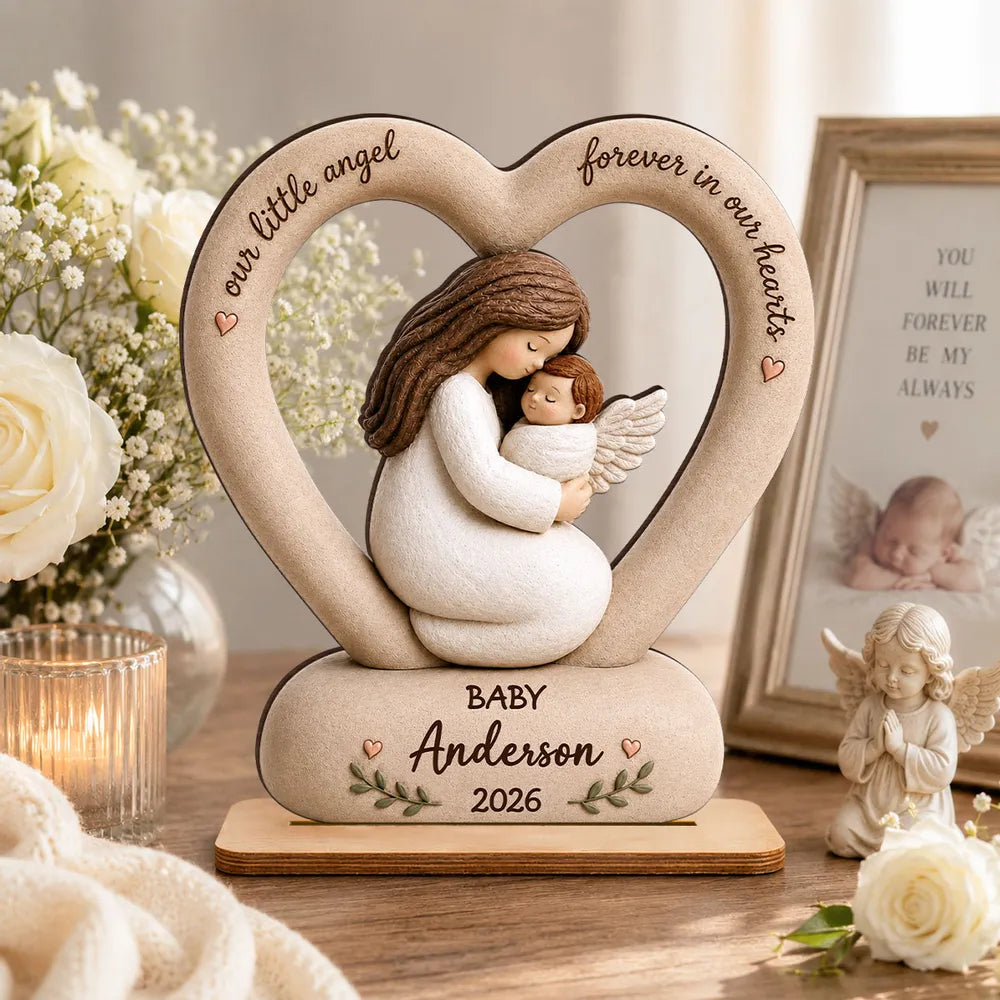 Our Little Angel Forever in Our Hearts Personalized 2-Layer Wooden Plaque, Mother Cradling Baby Angel, Creative Family Gift