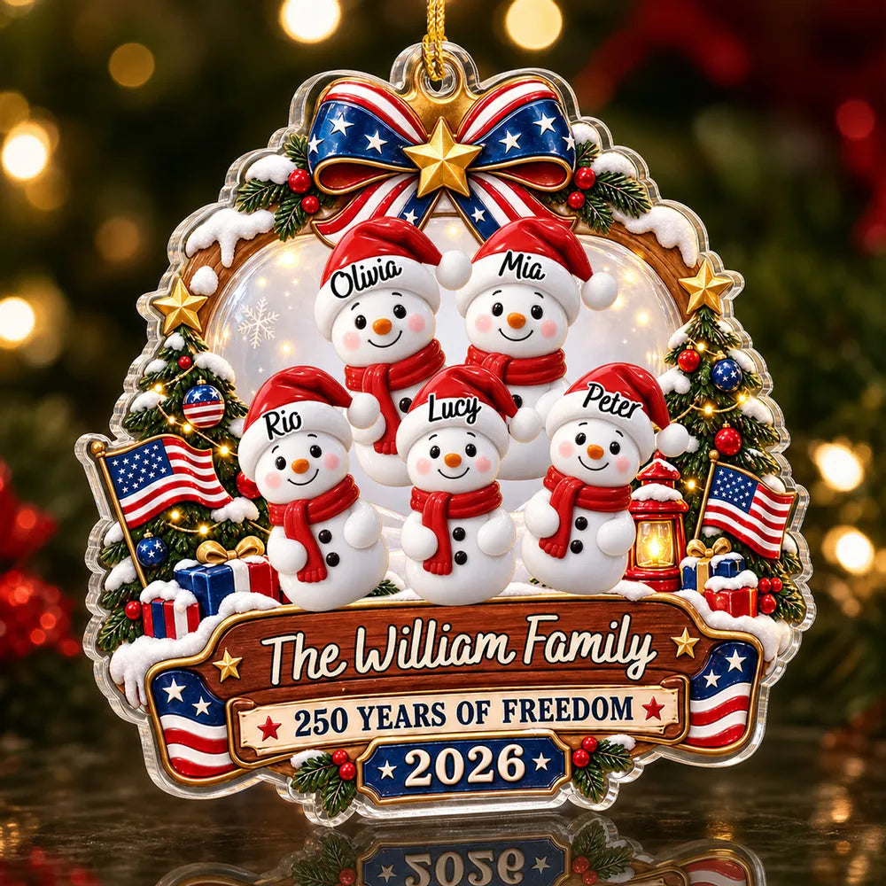 Custom USA Flag Snowman Family Ornament, Personalized Acrylic Christmas Keepsake for Your Family